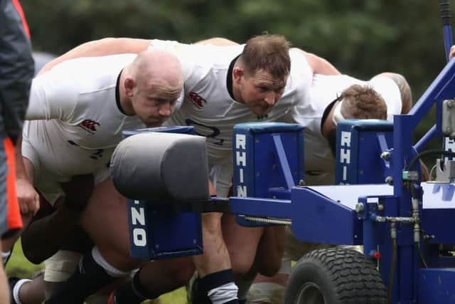 England's front row of Dan Cole, Dylan Hartley and Joe Marler pack down during training. Picture: David Rogers/Getty Images