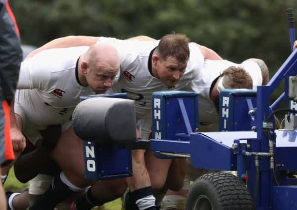 England's front row of Dan Cole, Dylan Hartley and Joe Marler pack down during training. Picture: David Rogers/Getty Images