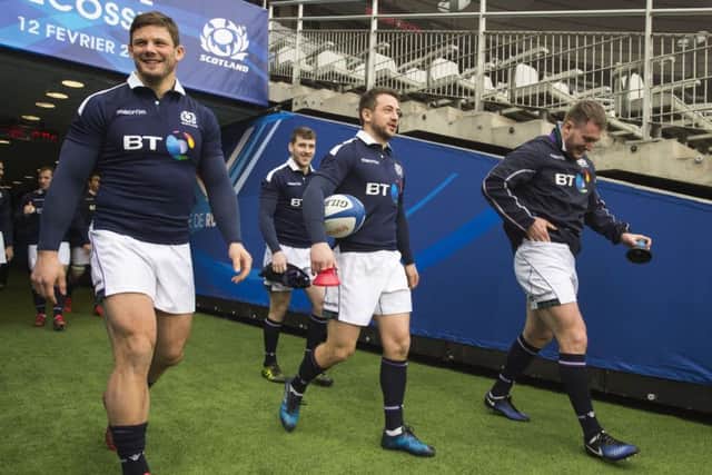 On the front foot: Ross Ford, Greig Laidlaw, Mark Bennett, and Stuart Hogg ready for the off. Photograph: Ian Rutherford