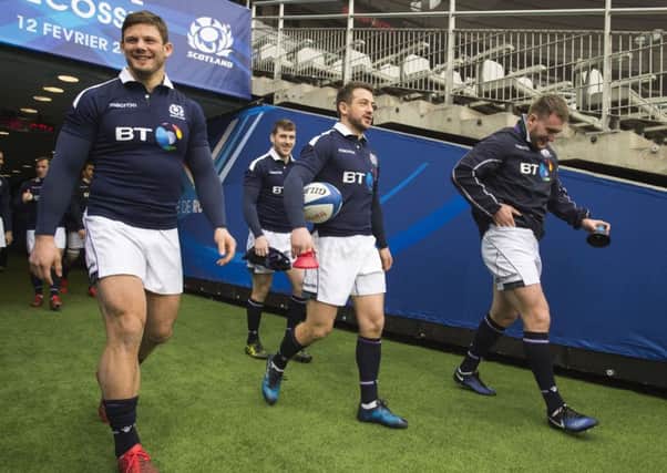 On the front foot: Ross Ford, Greig Laidlaw, Mark Bennett, and Stuart Hogg ready for the off. Photograph: Ian Rutherford