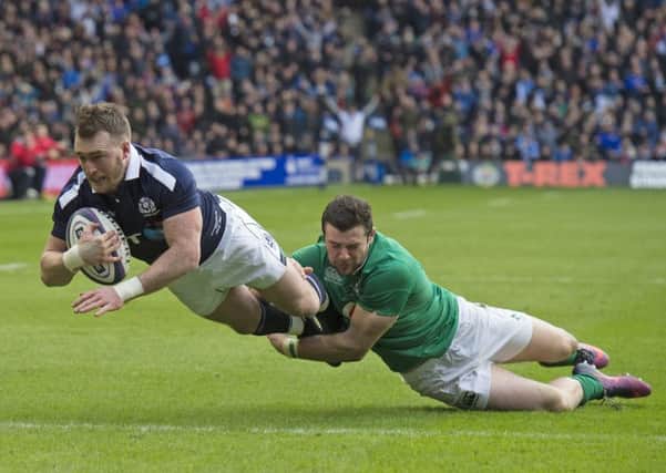 Stuart Hogg, with Robbie Henshaw in tow, scores his first try last weekend.Picture: Neil Hanna