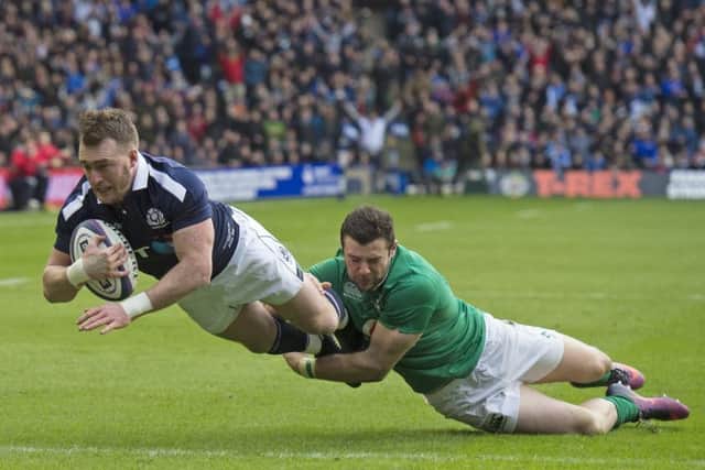 Stuart Hogg, with Robbie Henshaw in tow, scores his first try last weekend.Picture: Neil Hanna