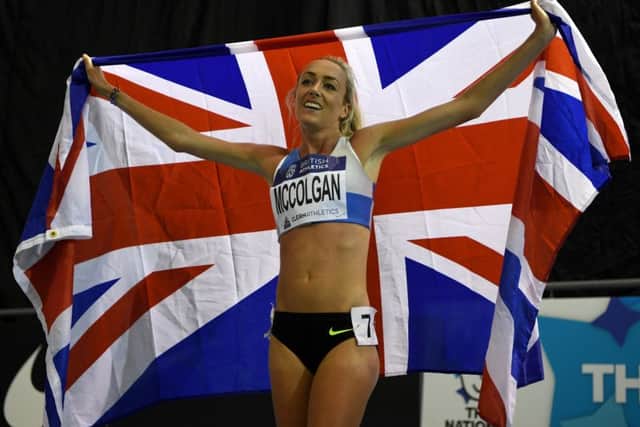 Eilish McColgan celebrates winning the womens 3,000 metres at the Indoor Team Trials. Photograph: Gareth Copley/Getty Images