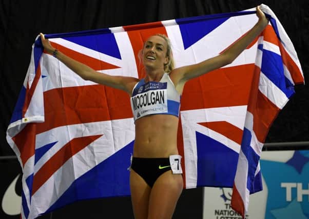 Eilish McColgan celebrates winning the womens 3,000 metres at the Indoor Team Trials. Photograph: Gareth Copley/Getty Images