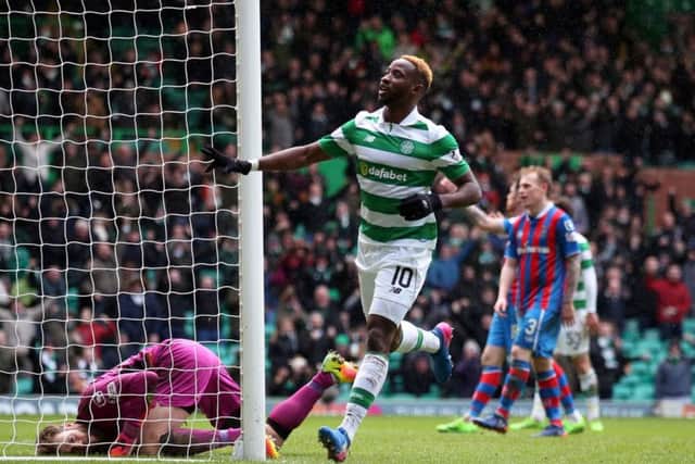 Celtic's Moussa Dembele celebrates scoring his third goal to make it 4-0 during the Scottish Cup, Fifth Round match at Celtic Park. Picture; PA
