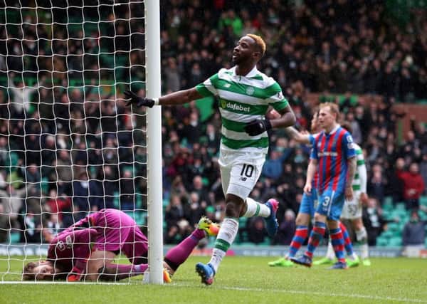 Celtic's Moussa Dembele celebrates scoring his third goal to make it 4-0 during the Scottish Cup, Fifth Round match at Celtic Park. Picture; PA