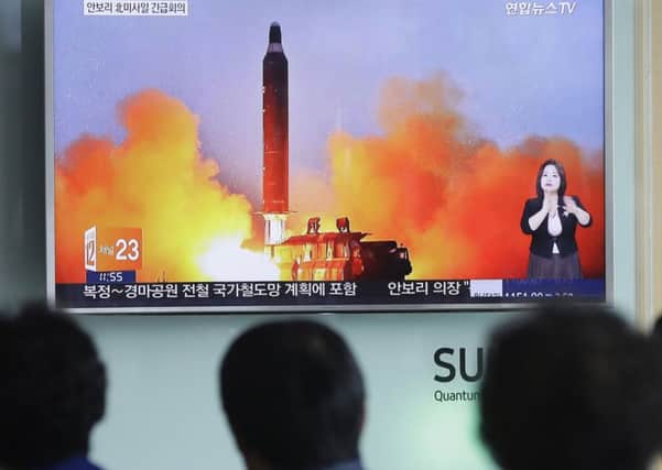 A TV news channel airing an image of North Korea's ballistic missile launch. North Korea reportedly fired a ballistic missile earlier today, in what would be its first such test of the year. Picture; AP