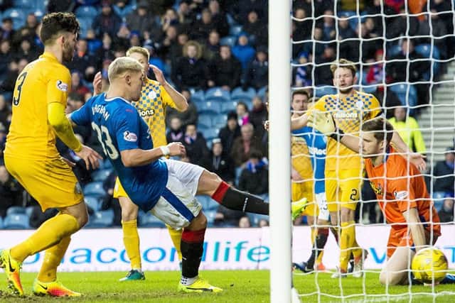 Martyn Waghornscores Rangers' winning goal. Picture: SNS.