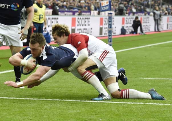 Stuart Hogg divesd over to score the first try for Scotland. 

Picture: Ian Rutherford.