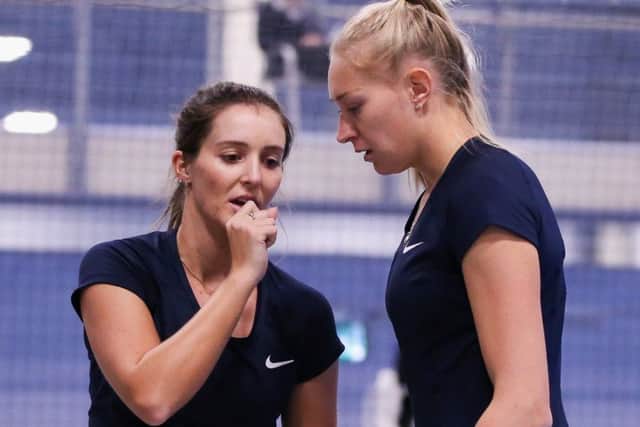 TALLINN, ESTONIA - FEBRUARY 10:  Laura Robson (L) and Jocelyn Rae of Great Britain talk during the Fed Cup Europe/Africa Group 1, Pool C doubles match against Ayla Aksu and Pemra Ozgen of Turkey at the Tallink Tennis Centre on February 10, 2017 in Tallinn, Estonia.  (Photo by Getty Images for LTA)