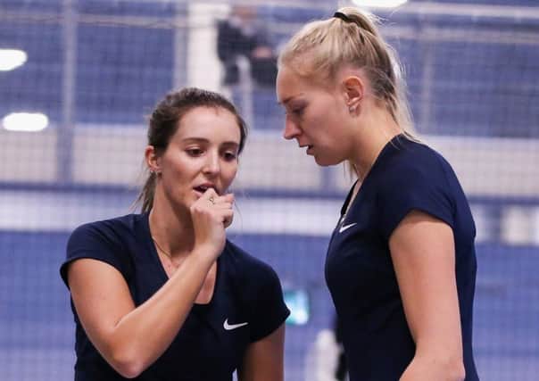 TALLINN, ESTONIA - FEBRUARY 10:  Laura Robson (L) and Jocelyn Rae of Great Britain talk during the Fed Cup Europe/Africa Group 1, Pool C doubles match against Ayla Aksu and Pemra Ozgen of Turkey at the Tallink Tennis Centre on February 10, 2017 in Tallinn, Estonia.  (Photo by Getty Images for LTA)