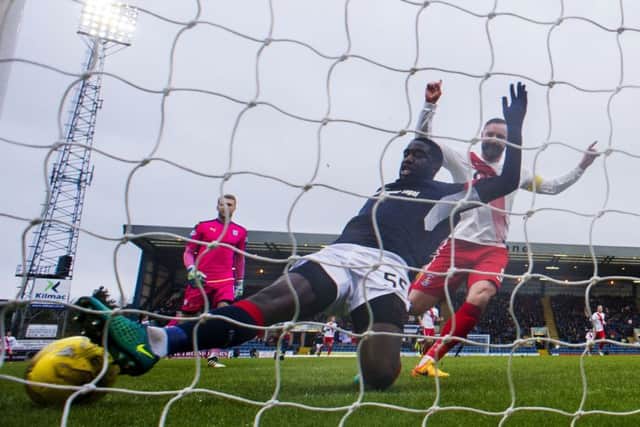 Kilmarnock's Kris Boyd scores to make it 1-0 against Dundee at Dens Park, his 199th league goal.