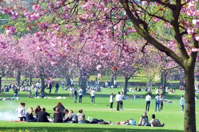 Edinburgh residents relax in the Meadows. Monday is expected to bring temperatures in the mid teens for much of Scotland. Picture: Jon Savage.