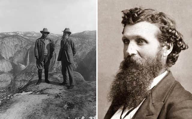 (Left) Muir and President Roosevelt pose atop Glacier Point in Yosemite and (Right) a young John Muir