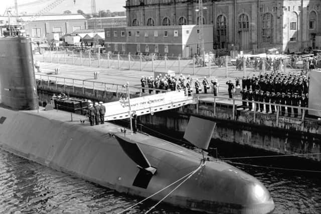 The nuclear submarine HMS Dreadnought is recommissioned at Rosyth Dockyard in September 1970. The vessel was withdrawn from active service 10 years later and is now back at Rosyth awaiting disposal. Picture: Hamish Campbell/TSPL