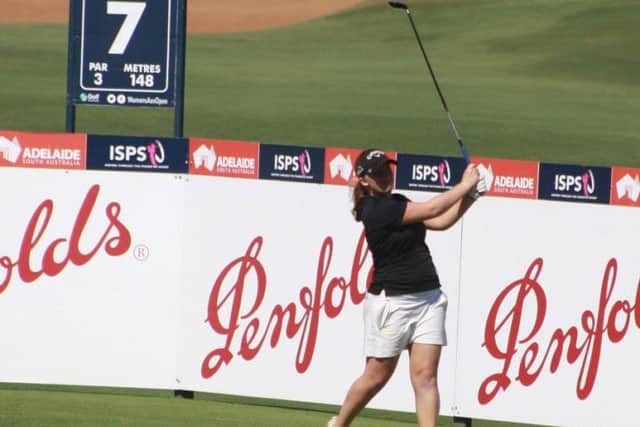 Gemma Dryburgh tees off at the seventh en route to her 68 in the second round at Royal Adelaide. Picture: Andrew Spence