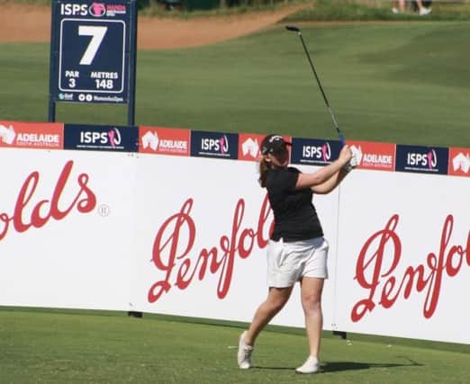 Gemma Dryburgh tees off at the seventh en route to her 68 in the second round at Royal Adelaide. Picture: Andrew Spence