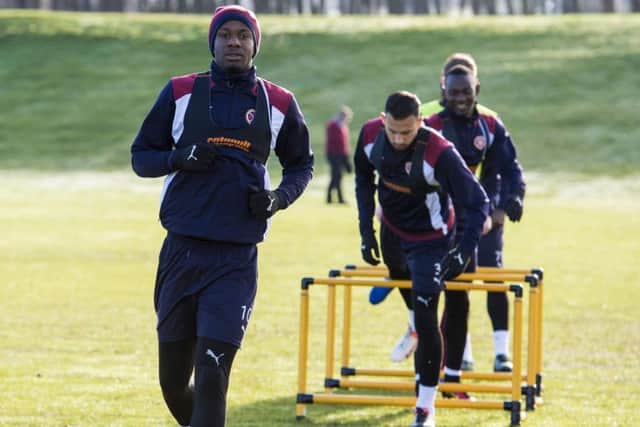 Arnaud Djoum is put through his paces at Riccarton ahead of Hearts home clash with Inverness. Picture: SNS.