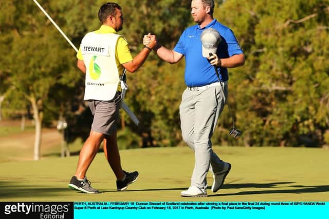 PERTH, AUSTRALIA - FEBRUARY 18:  Duncan Stewart of Scotland celebrates after winning a final place in the final 24 during round three of ISPS HANDA World Super 6 Perth at Lake Karrinyup Country Club on February 18, 2017 in Perth, Australia.  (Photo by Paul Kane/Getty Images)