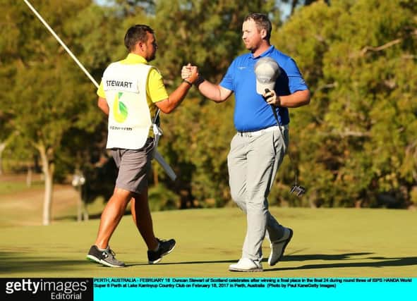PERTH, AUSTRALIA - FEBRUARY 18:  Duncan Stewart of Scotland celebrates after winning a final place in the final 24 during round three of ISPS HANDA World Super 6 Perth at Lake Karrinyup Country Club on February 18, 2017 in Perth, Australia.  (Photo by Paul Kane/Getty Images)