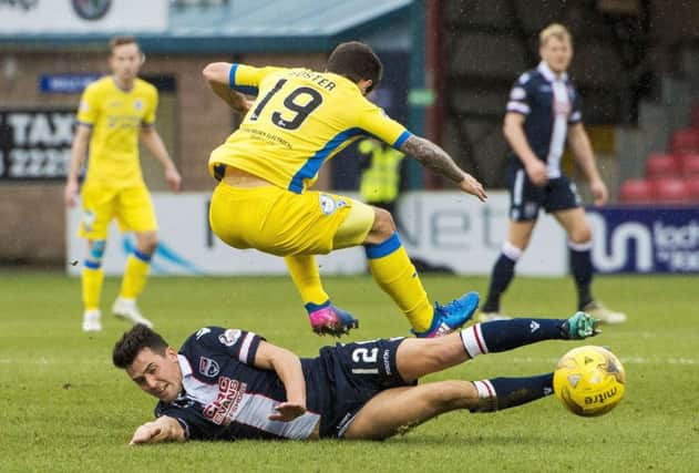 St Johnstone's Ricky Foster leaps over Ross County's Tim Chow. Pciture: SNS/