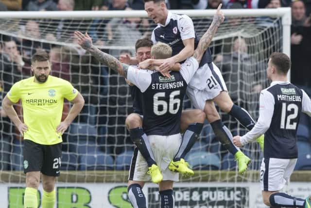 Raith Rovers' Ryan Stevenson celebrates his thunderous strike against Hibernian. Picture: SNS/