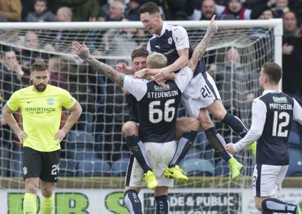 Raith Rovers' Ryan Stevenson celebrates his thunderous strike against Hibernian. Picture: SNS/