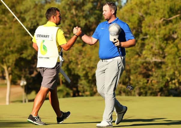 Duncan Stewart celebrates after winning a place in the final 24 during round three of ISPS HANDA World Super 6 Perth.  (Picture: Paul Kane/Getty Images)