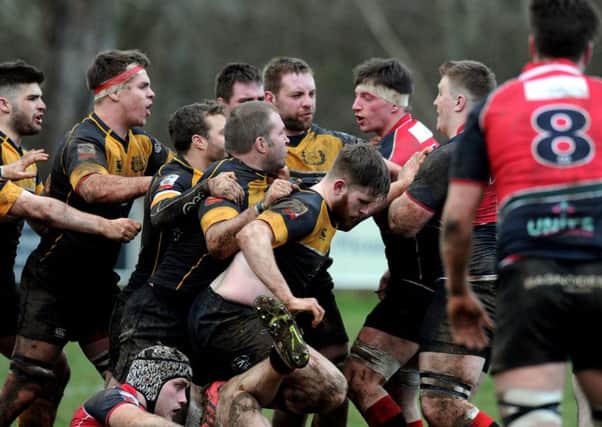 Tempers flare at Malleny Park as Curries Mike Vernal has a disagreement with Glasgow Hawks Andrew Kirkland. Picture: Lisa Ferguson