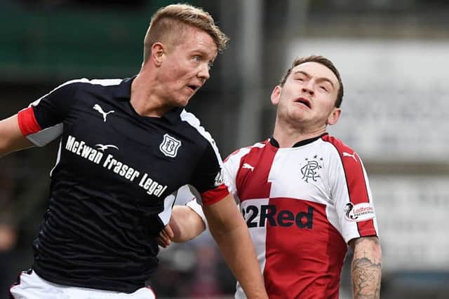 Lee Hodson, complete with club badge, battles for possession with Dundee's Mark O'Hara, left. Picture: SNS