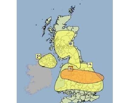 A yellow - be aware - warning has been issued for most of mainland Scotland, with an amber - be prepared - alert for parts of England and Wales. Picture: Met Office