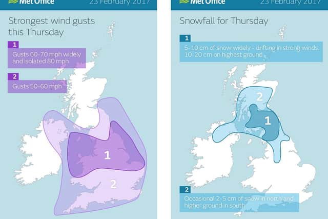 The expected strongest winds and heaviest snow on Thursday. Picture: Met Office