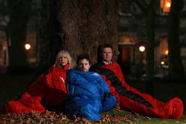 Josh Littlejohn, centre, Jennifer Cheyne of Cheynes Hairdressing and Marshall Dallas of the EICC promote the CEO Sleepout. Picture: Stewart Attwood