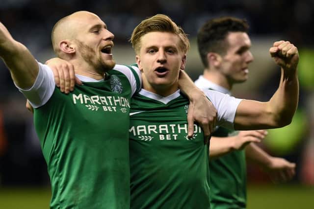 Hibernian's Jason Cummings celebrates at full time with David Gray, left. Picture: Craig Foy/SNS