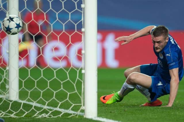 Leicester striker Jamie Vardy celebrates after pulling a goal back for the English champions against Sevilla. Picture: AFP/Getty Images