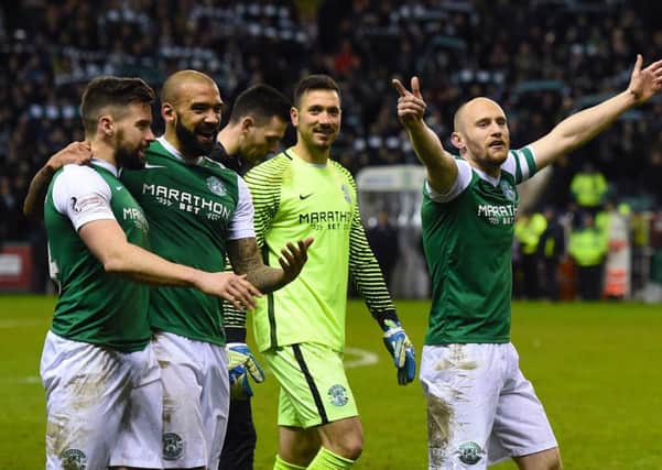 Hibernian's players celebrate at full time. Picture: SNS