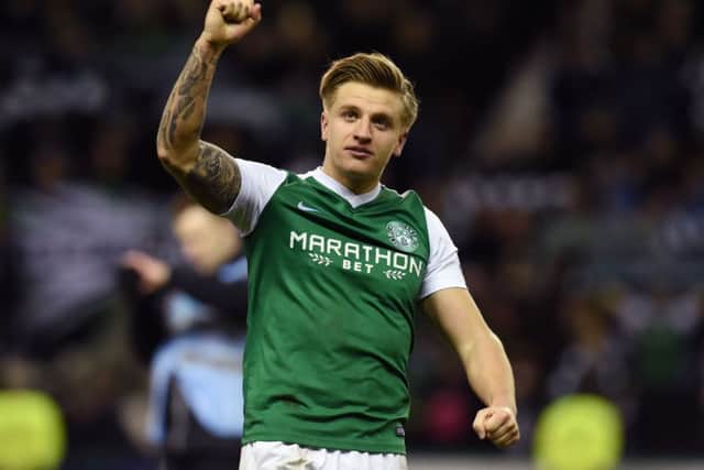 Hibernian's Jason Cummings celebrates at full time. Picture: Craig Foy/SNS