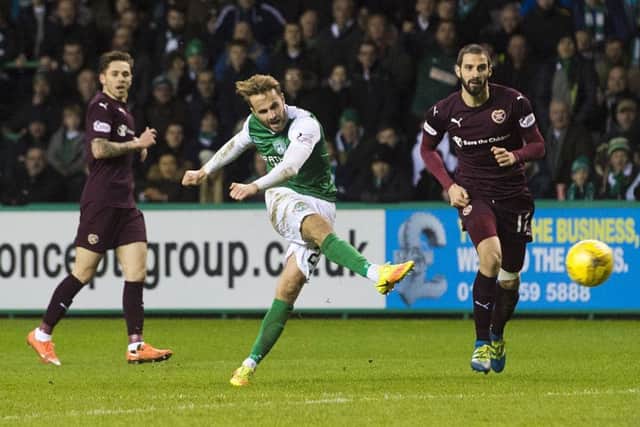 Andrew Shinnie scores Hibs' third in the win over Hearts. Picture: Craig Foy/SNS