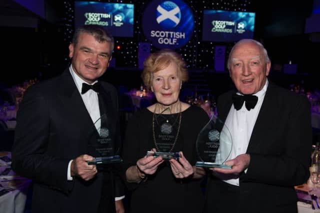Joint Lifetime Achievement award winners Belle Robertson and 
Jock MacVicar, right, with Inspirational award recipient Paul Lawrie. Picture: Kenny Smith