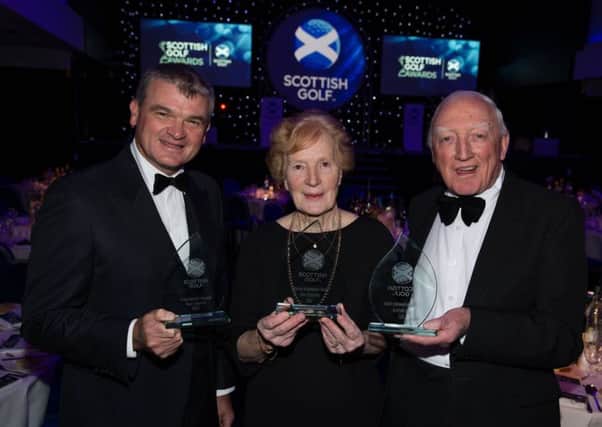Joint Lifetime Achievement award winners Belle Robertson and 
Jock MacVicar, right, with Inspirational award recipient Paul Lawrie. Picture: Kenny Smith