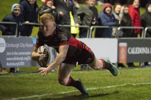 Rory Scholes crosses for Edinburghs second try of the night. Picture: Bill Murray/SNS Group