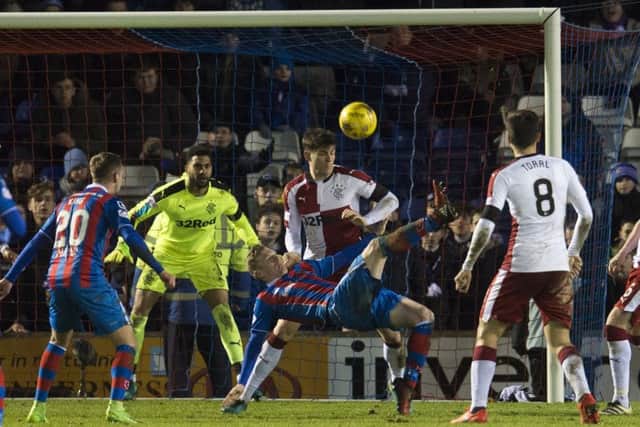Billy Mckay scores the winning goal for Inverness Caley Thistle with a late overhead kick. Picture: Craig Foy/SNS