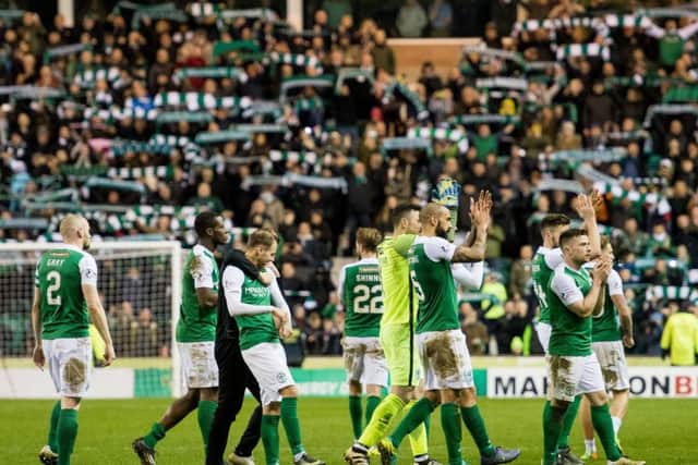 Hibs players celebrate Wednesdays Scottish Cup replay victory against their faint-Hearted city rivals. Picture: Ian Georgeson