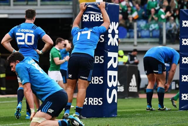 Italian players react after Ireland's Craig Gilroy scores in their clash in Rome. Picture: Vincenzo Pinto/AFP/Getty