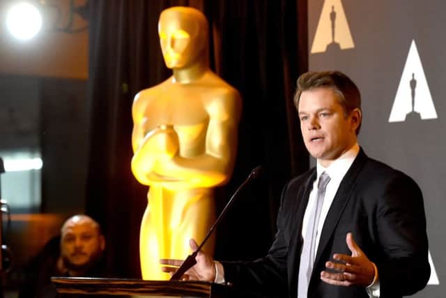 Matt Damon addresses a foreign language Oscars event. Picture: Getty/Kevin Winter