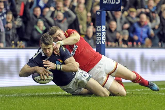 Tommy Seymour scores Scotland's first try. Picture: Neil Hanna
