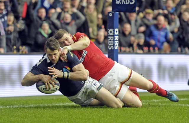 Tommy Seymour scores Scotland's first try. Picture: Neil Hanna
