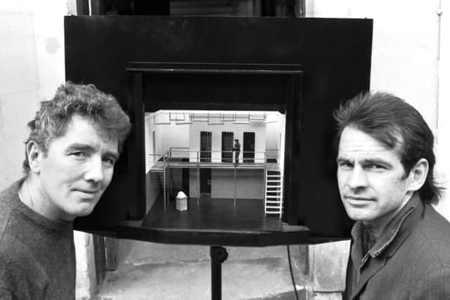 Boyle with co-author Andy Arnold (right) in 1985, with a model of the set for their play 'The Nutcracker Suite', based on Boyle's experiences in Barlinnie jail. Picture: Hamish Campbell/TSPL