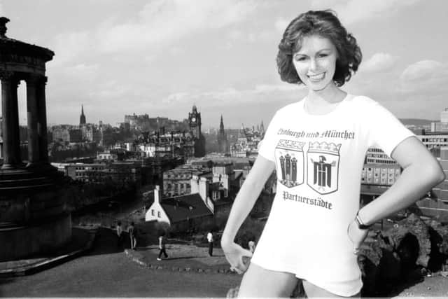 Dorothy Walker, Miss Edinburgh, wearing a t-shirt to celebrate 25 years of Edinburgh being twinned with Munich in April 1979. Picture: TSPL
