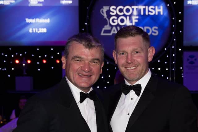 Two Ryder Cup players, Stephen Gallacher, right, and 1999 Open champion Paul Lawrie at the Scottish Golf Awards. Picture: Kenny Smith